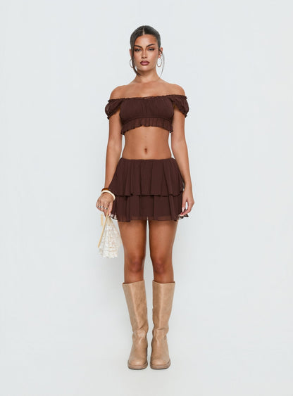 Ackee Ruched Off Shoulder Top Brown