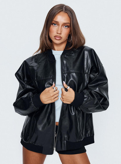 Believe It Faux Leather Bomber Jacket Black