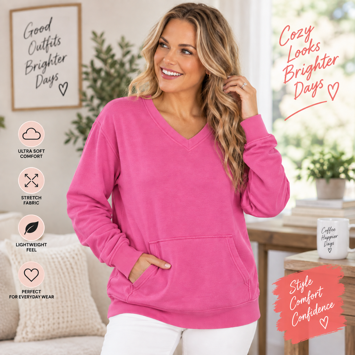 🔥 Pigment-Dyed Cozy Campfire V-Neck Sweatshirt | Soft & Relaxed Everyday Comfort