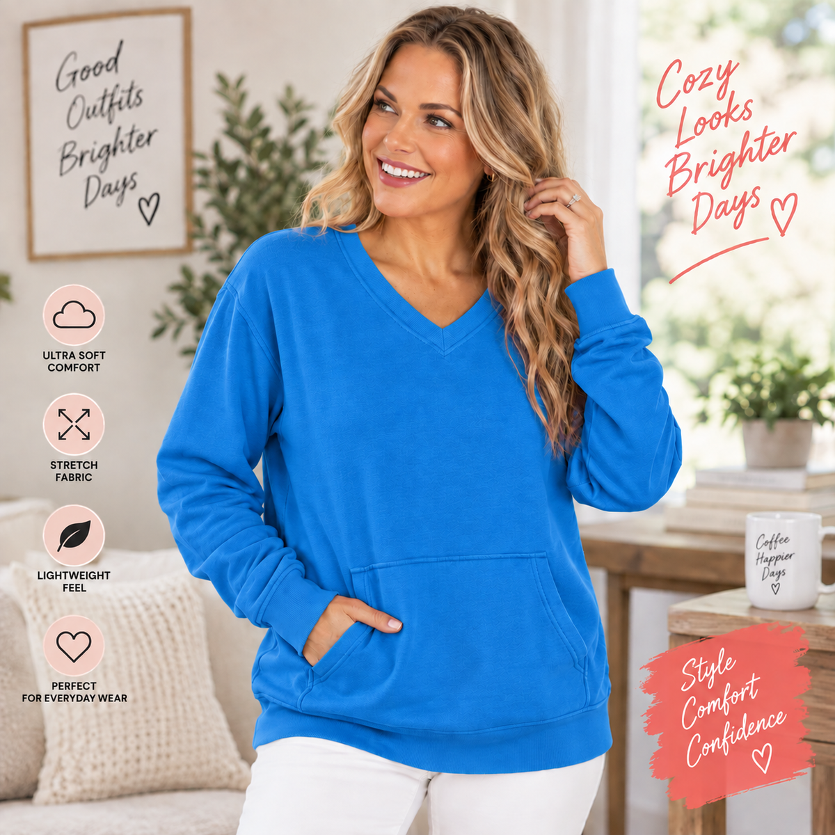 🔥 Pigment-Dyed Cozy Campfire V-Neck Sweatshirt | Soft & Relaxed Everyday Comfort