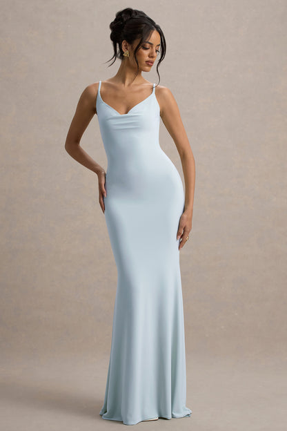 Francoise | Light Blue Cowl Neck Backless Maxi Dress With Lace Insert