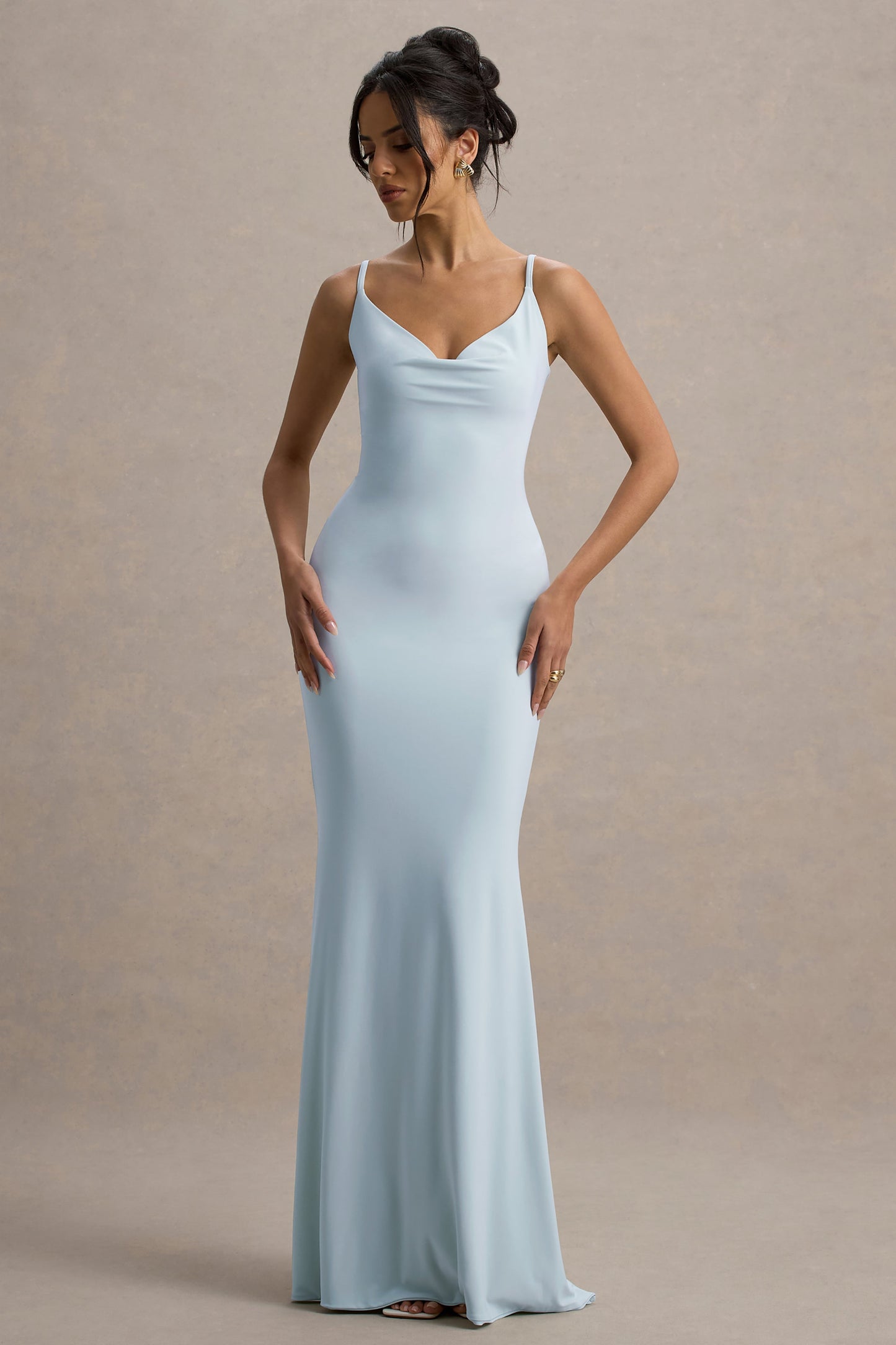 Francoise | Light Blue Cowl Neck Backless Maxi Dress With Lace Insert