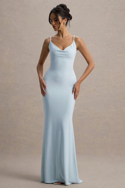 Francoise | Light Blue Cowl Neck Backless Maxi Dress With Lace Insert