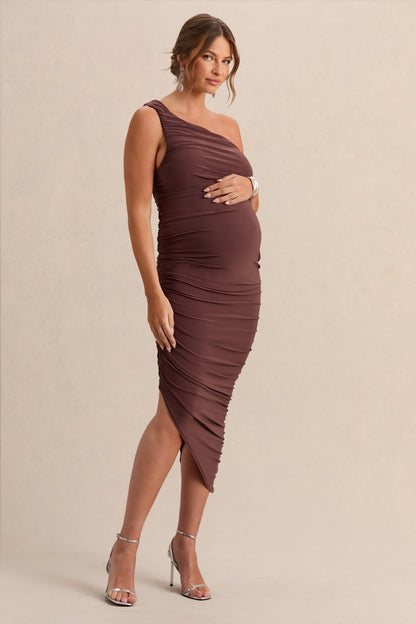 Late Night | Brown Maternity Ruched One Shoulder Midi Dress