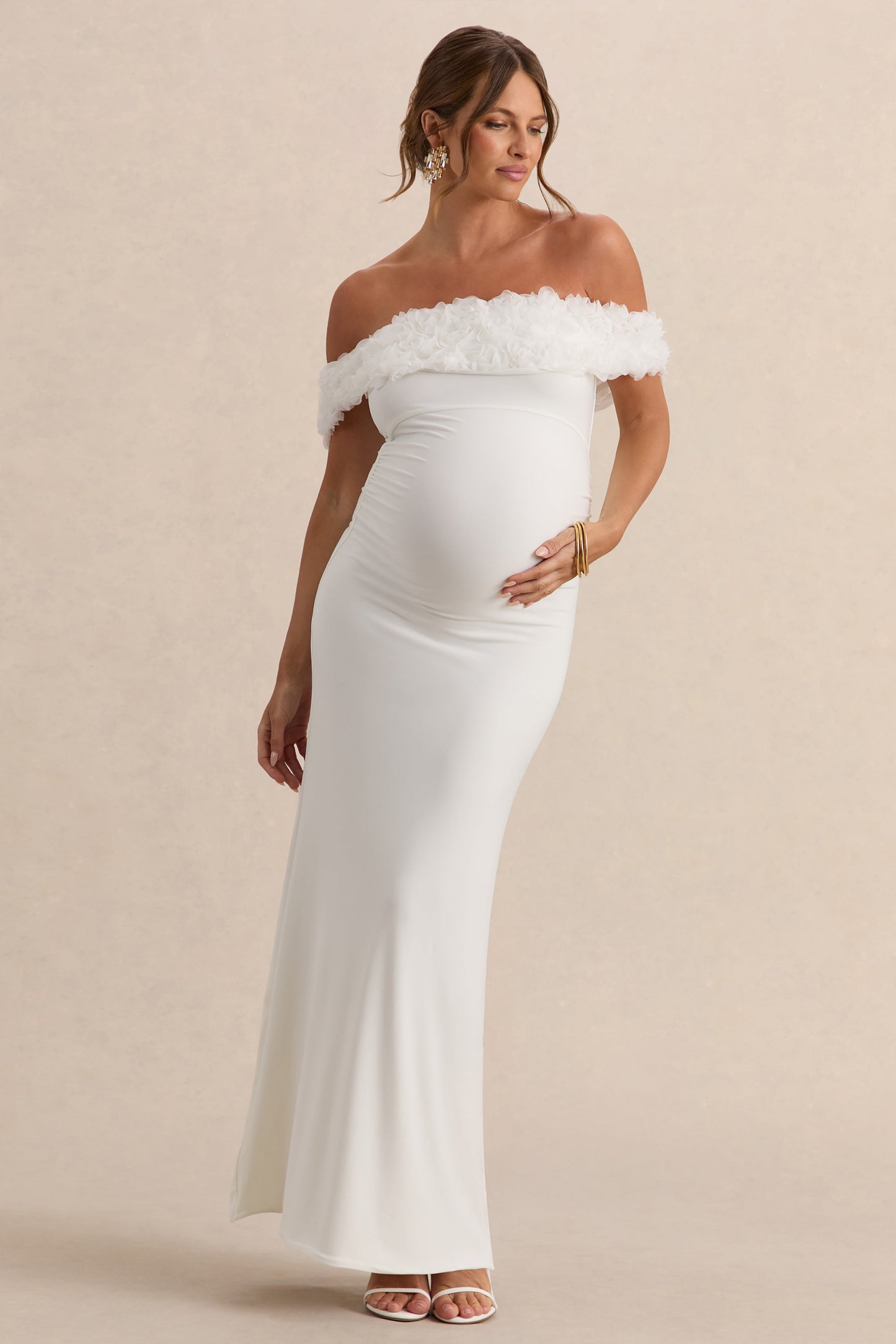 Inflorescence | White Mesh Floral Bardot Maternity Maxi Dress
