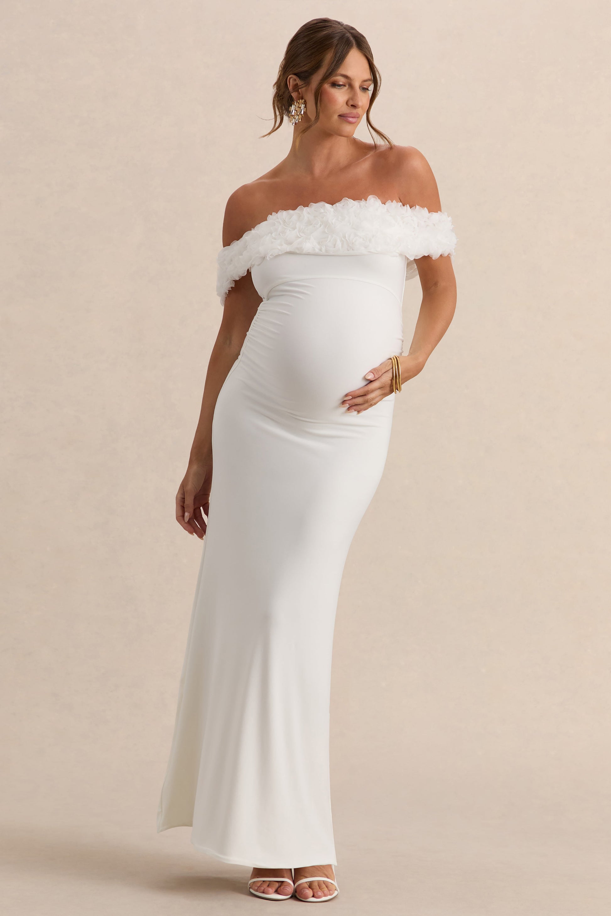 Inflorescence | White Mesh Floral Bardot Maternity Maxi Dress