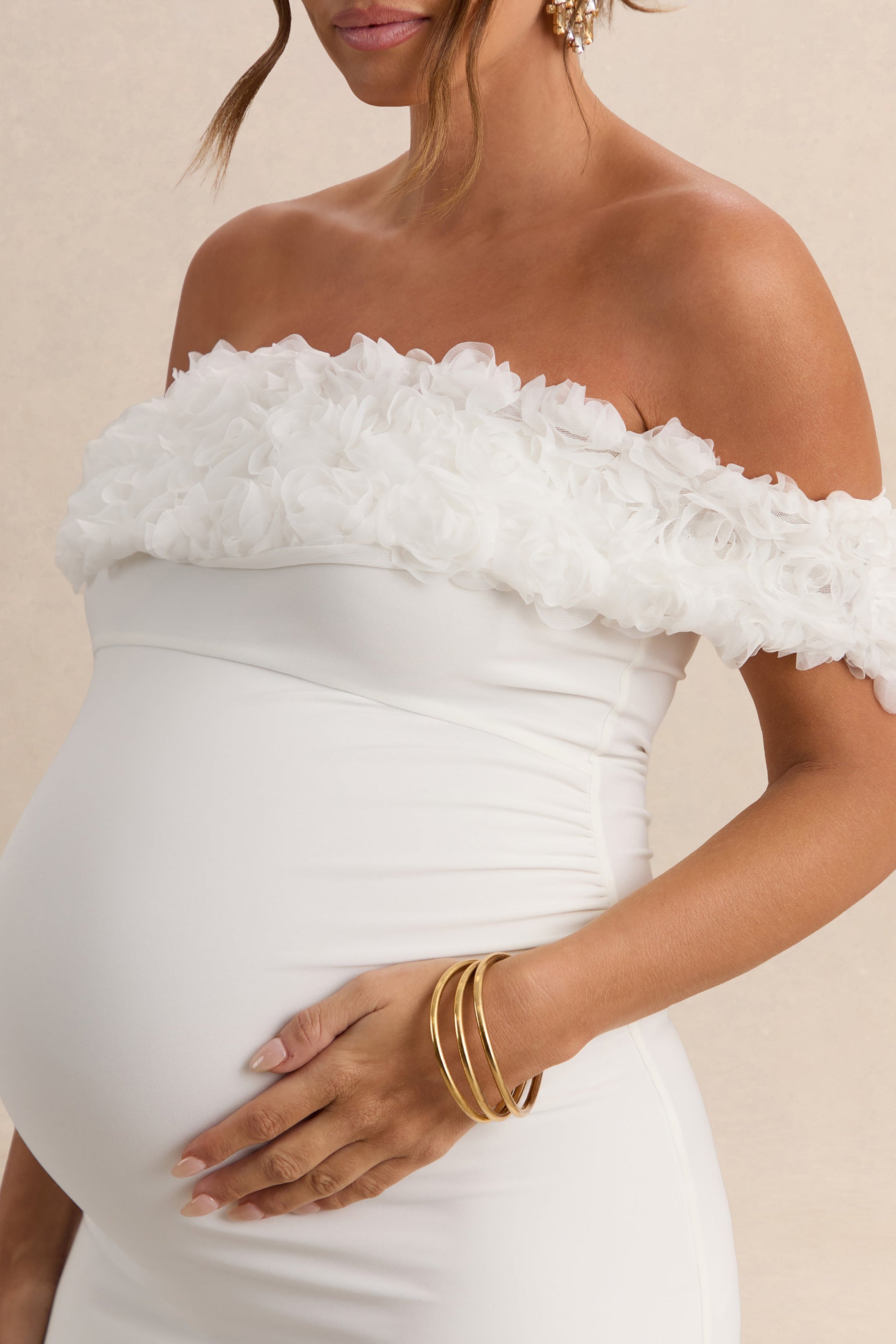 Inflorescence | White Mesh Floral Bardot Maternity Maxi Dress