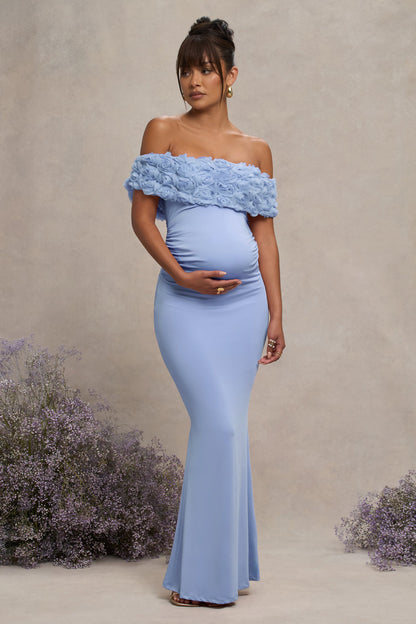 Inflorescence | Powder Blue Mesh Floral Bardot Maternity Maxi Dress