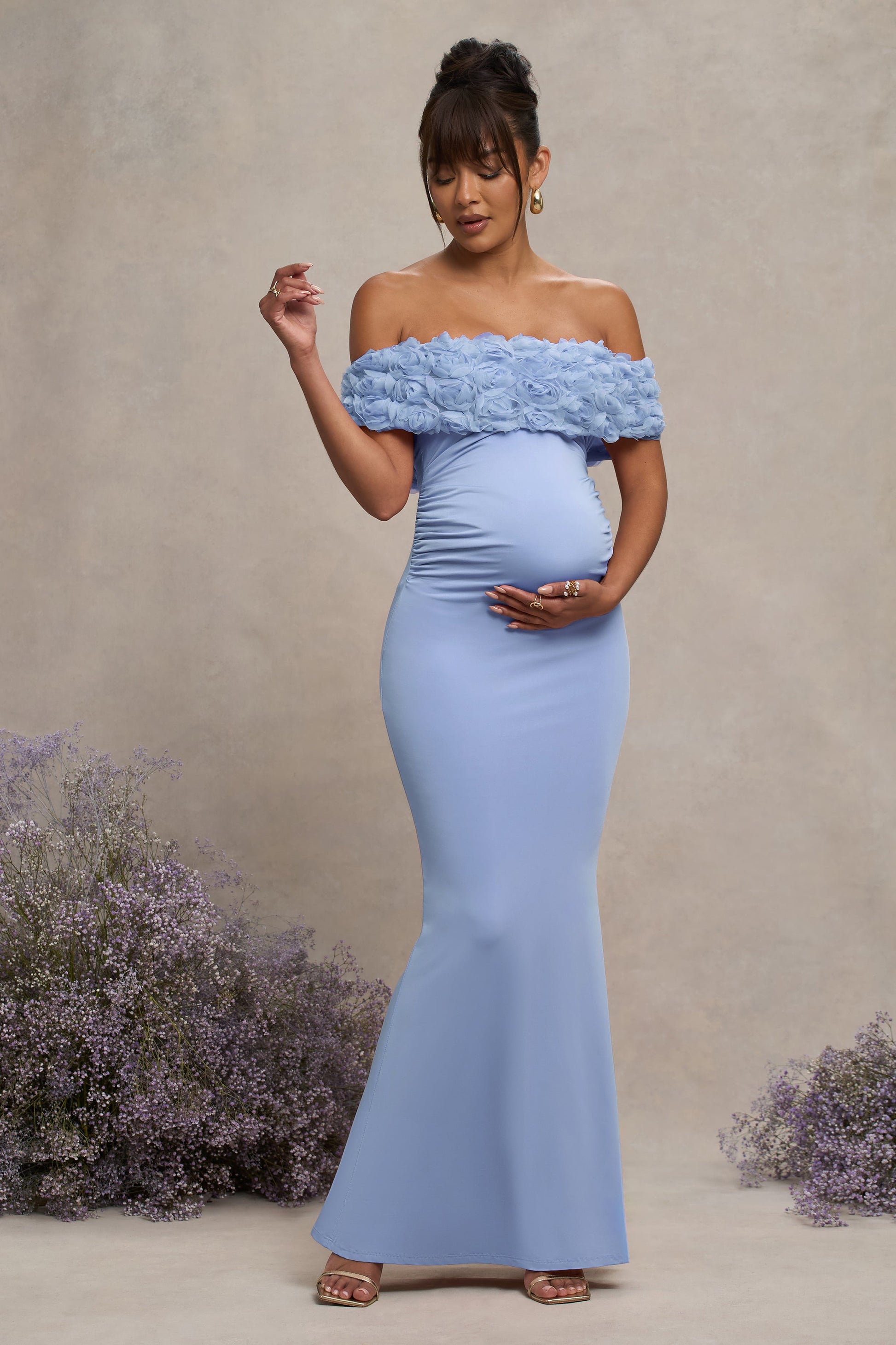 Inflorescence | Powder Blue Mesh Floral Bardot Maternity Maxi Dress