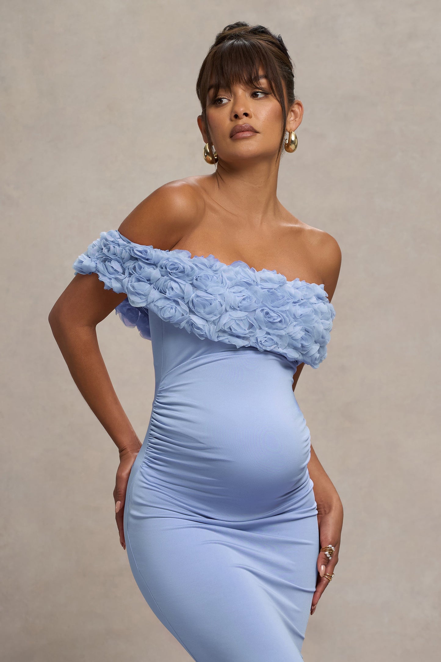 Inflorescence | Powder Blue Mesh Floral Bardot Maternity Maxi Dress