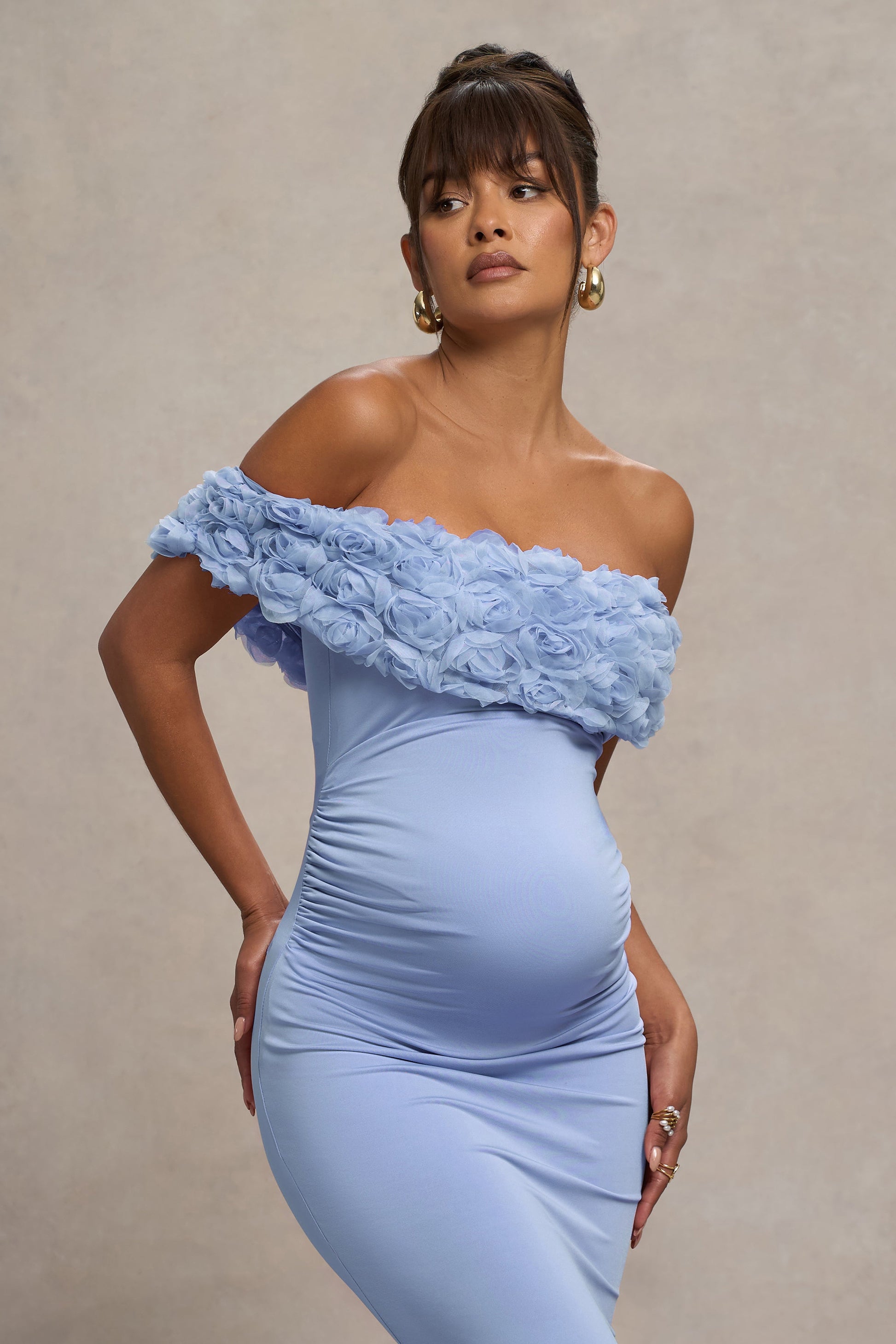 Inflorescence | Powder Blue Mesh Floral Bardot Maternity Maxi Dress