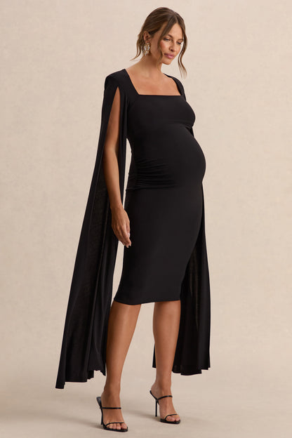 Flawless | Black Square-Neck Maternity Midi Dress With Cape-Sleeves