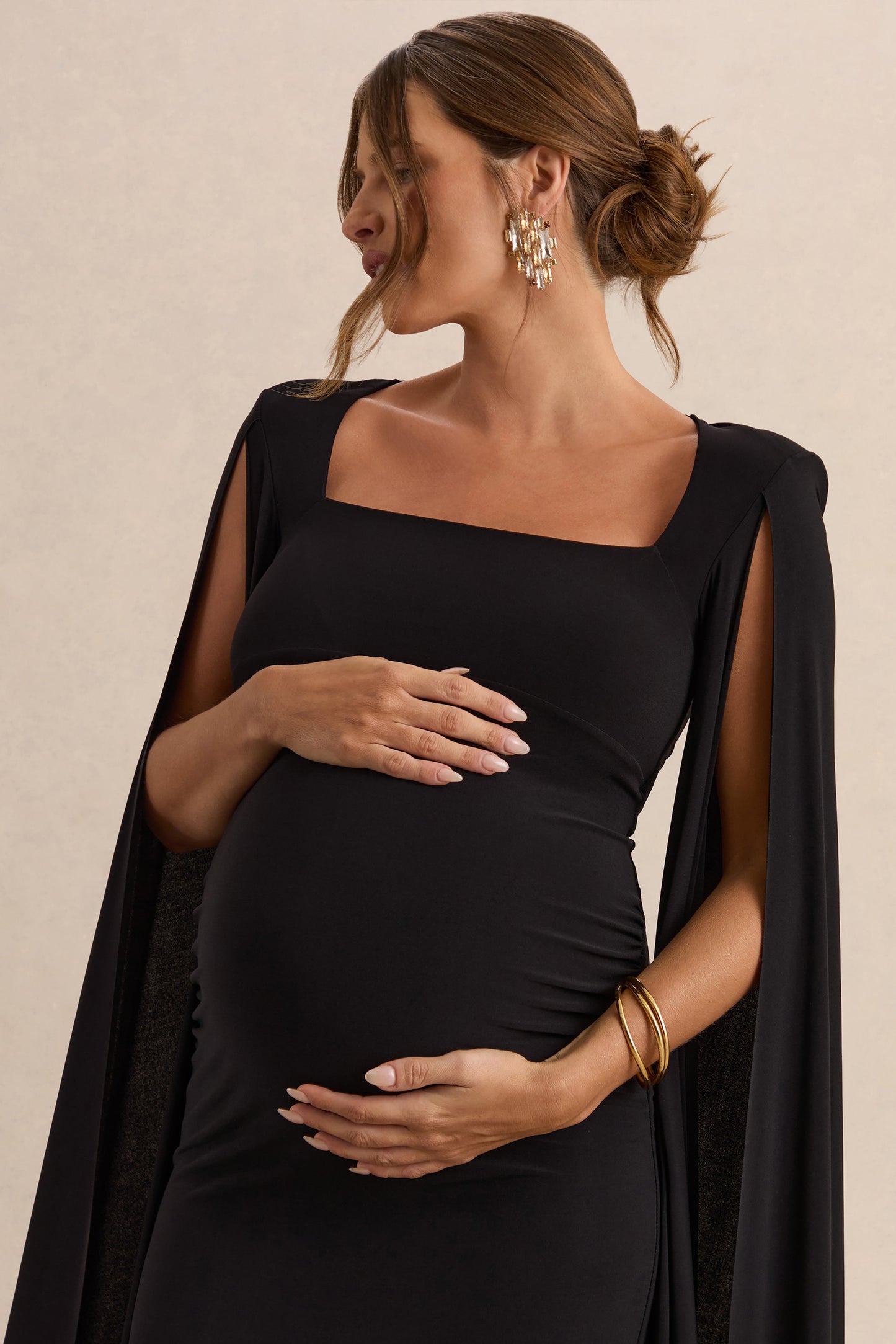 Flawless | Black Square-Neck Maternity Midi Dress With Cape-Sleeves