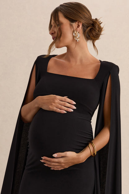 Flawless | Black Square-Neck Maternity Midi Dress With Cape-Sleeves