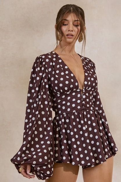 Laurel | Dark Brown Polka Dot V-Neck Balloon Sleeve Playsuit
