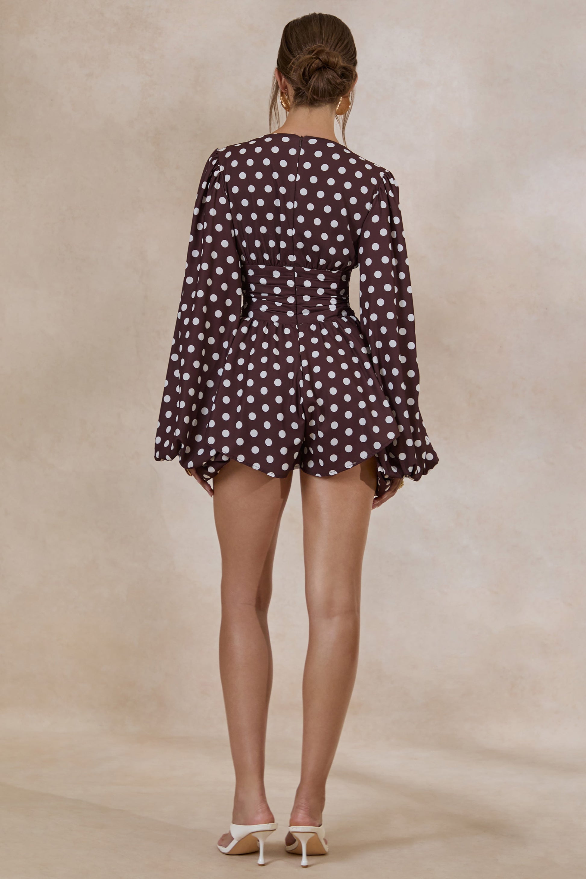 Laurel | Dark Brown Polka Dot V-Neck Balloon Sleeve Playsuit