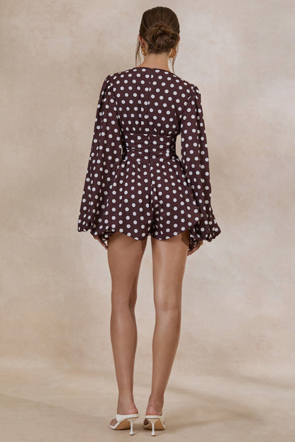 Laurel | Dark Brown Polka Dot V-Neck Balloon Sleeve Playsuit