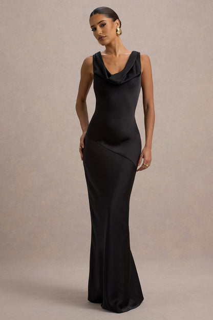 Alesso | Black Satin Cowl-Neck Slip-Maxi Dress