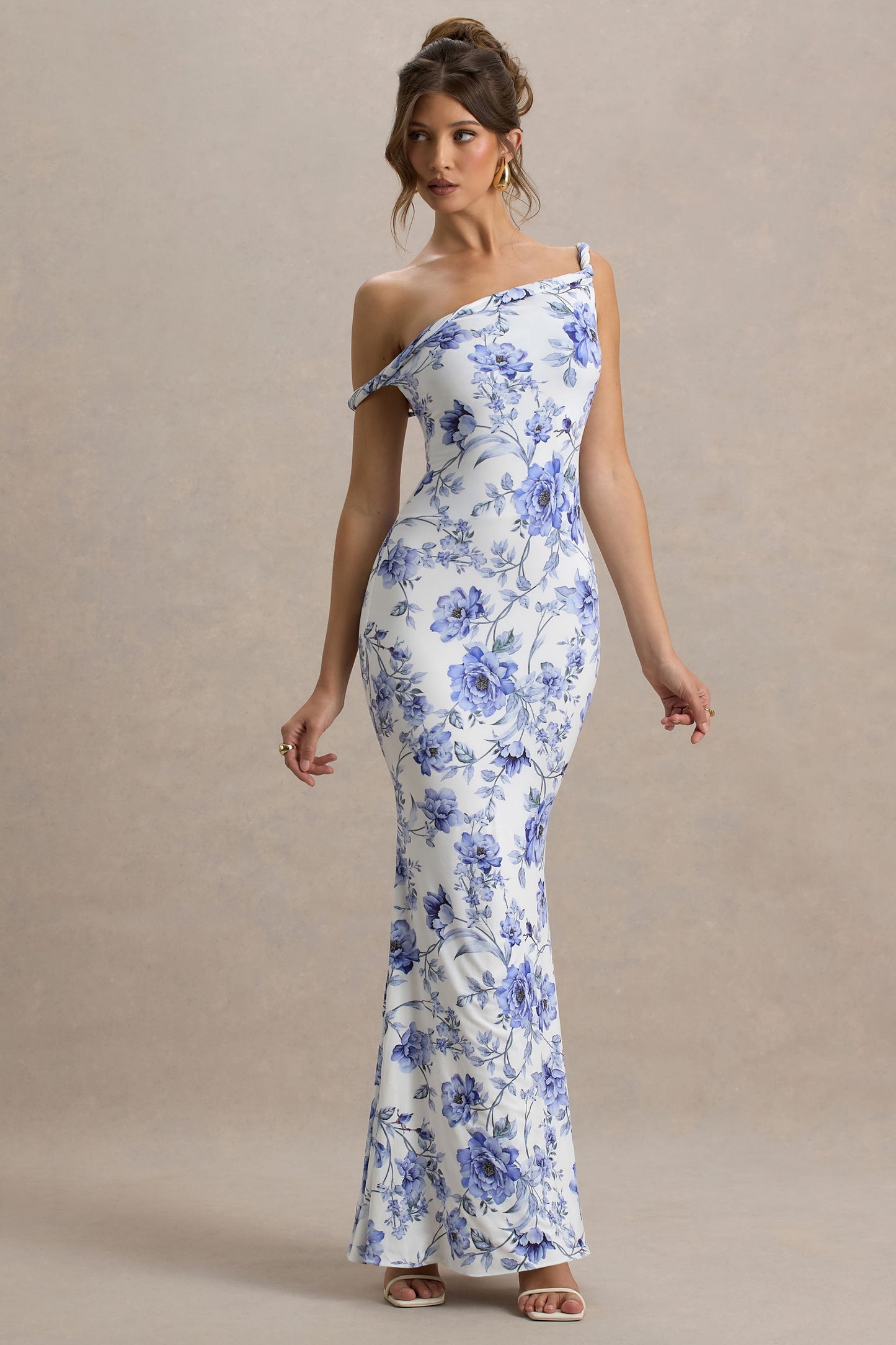 Lita | Blue Floral Print Twisted Asymmetric Maxi Dress