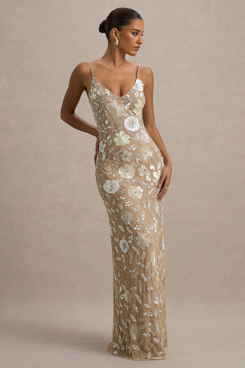 Gemini | Floral Sequin Hand-Embellished Strappy Maxi Dress