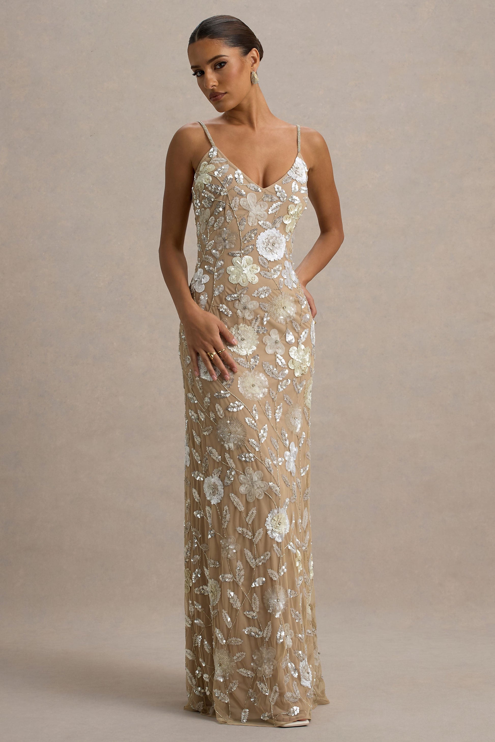 Gemini | Floral Sequin Hand-Embellished Strappy Maxi Dress
