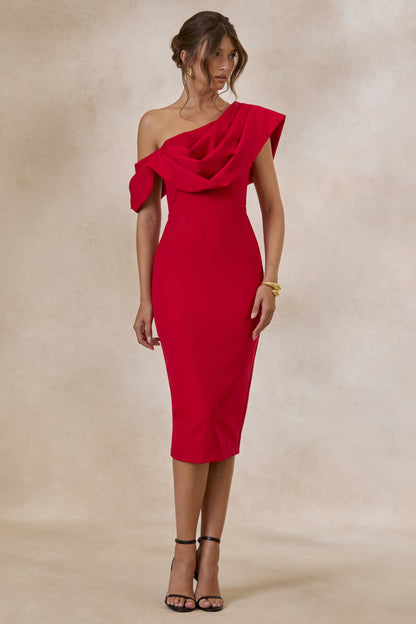 Adrina | Red Draped One Shoulder Midi Dress