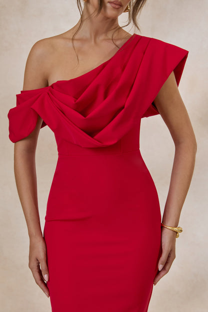 Adrina | Red Draped One Shoulder Midi Dress