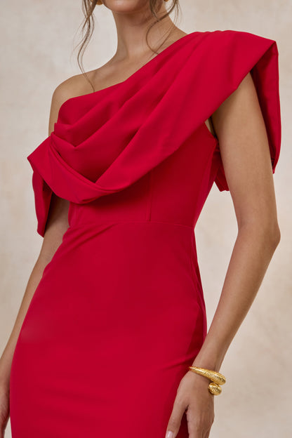 Adrina | Red Draped One Shoulder Midi Dress