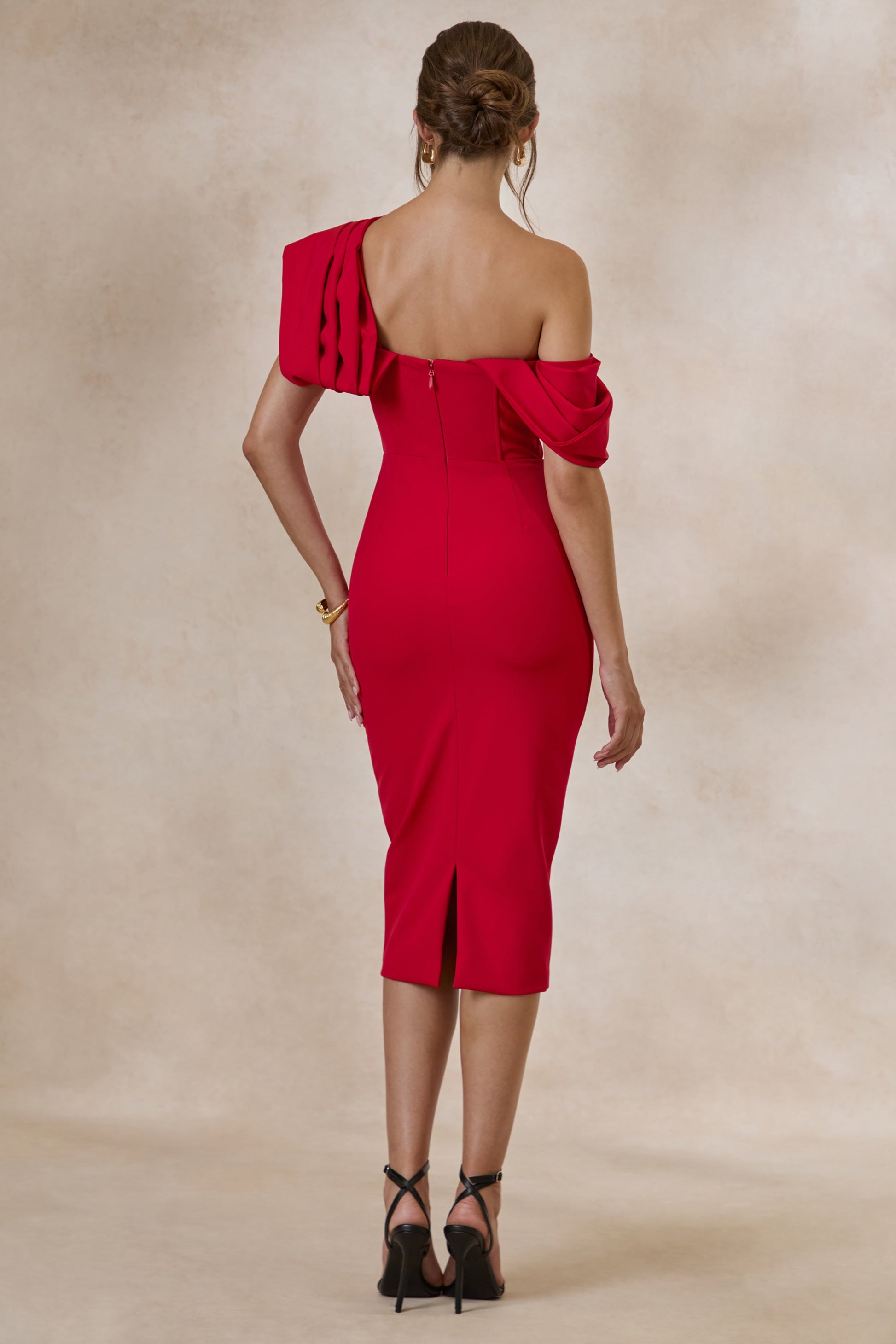 Adrina | Red Draped One Shoulder Midi Dress