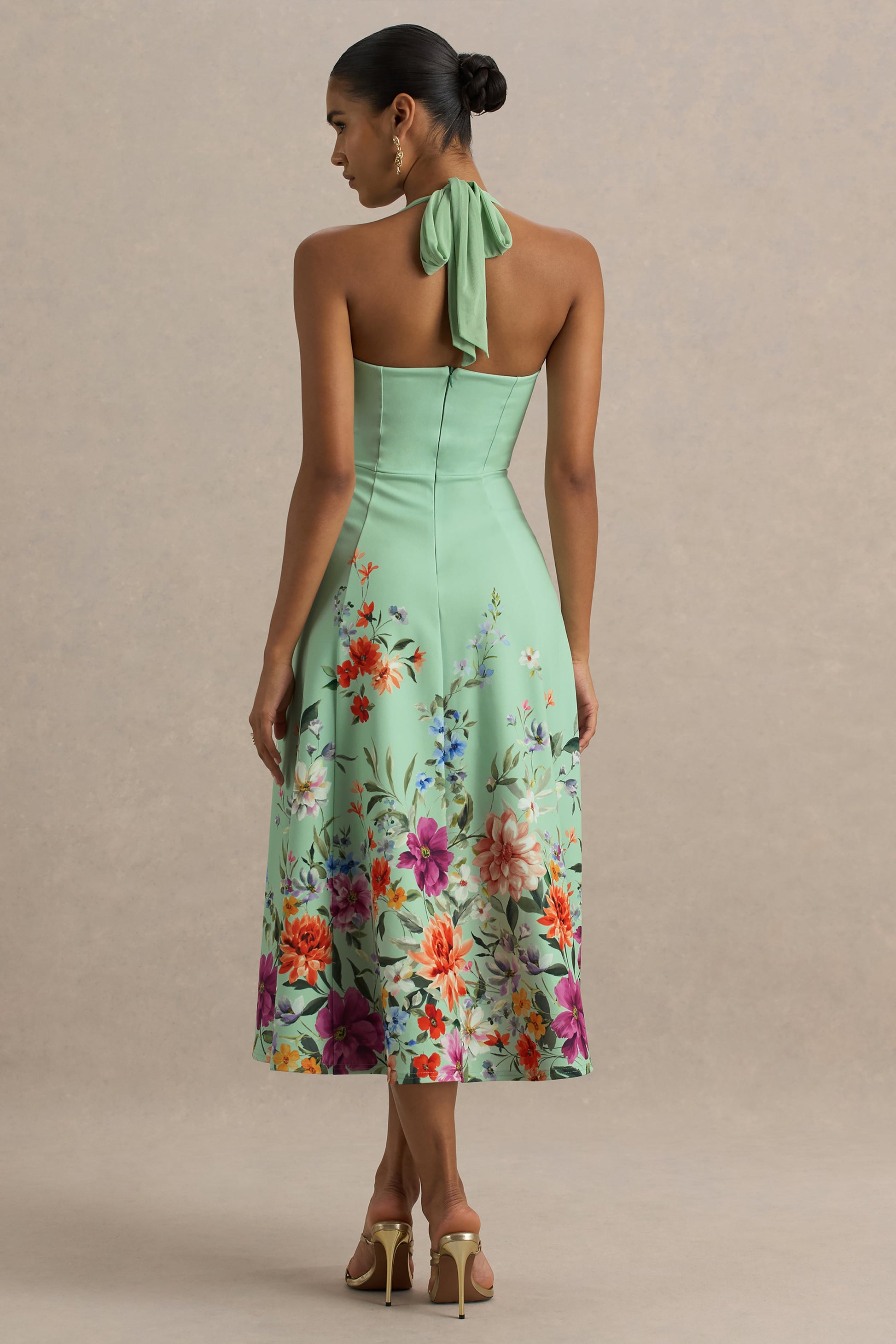 Auburn | Mint Placement Floral Halter-Neck Midi Dress