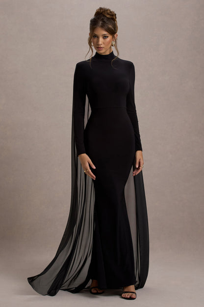 La Nuit | Black High-Neck Long-Sleeve Maxi Dress With Cape
