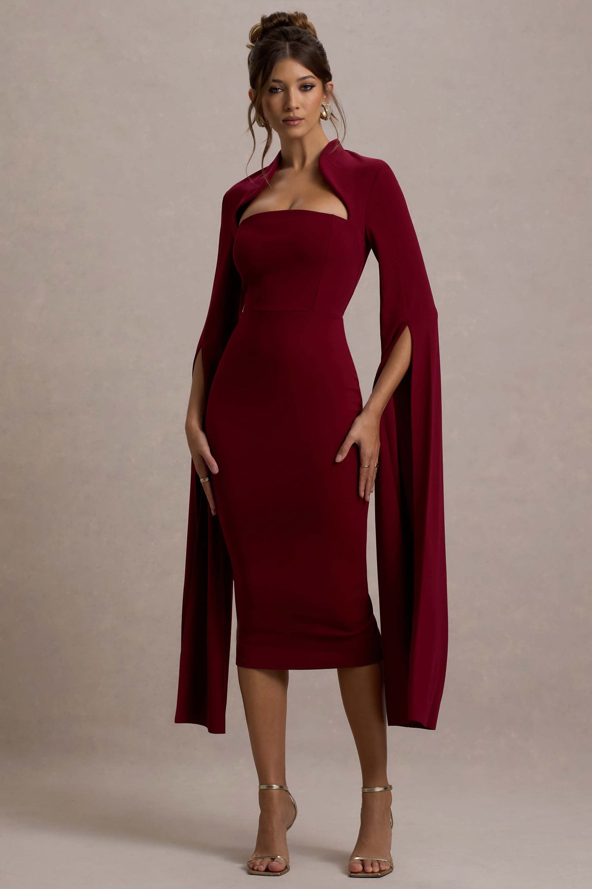 Linden | Burgundy Bodycon Cape-Sleeve Midi Dress