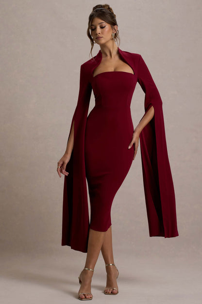 Linden | Burgundy Bodycon Cape-Sleeve Midi Dress