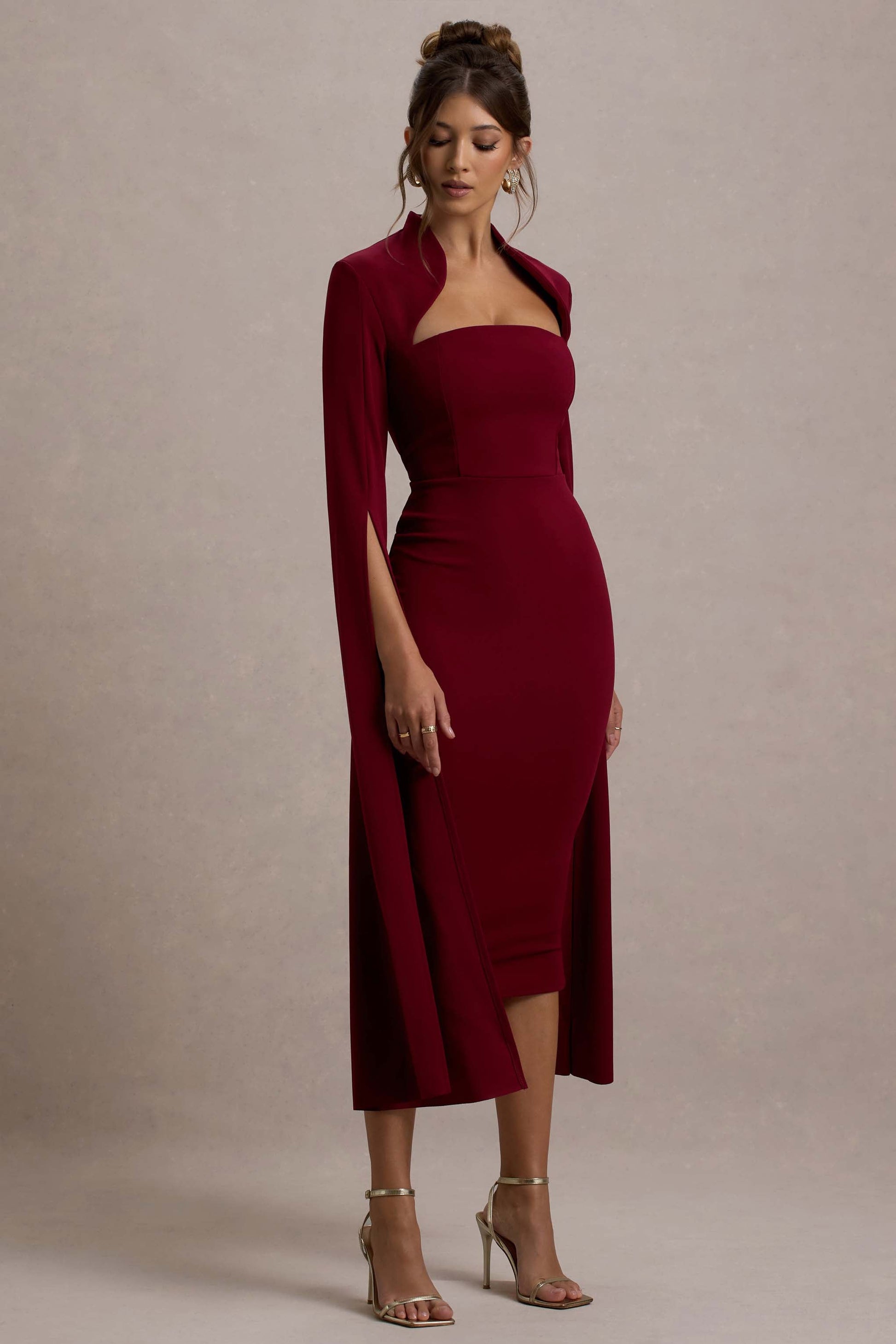 Linden | Burgundy Bodycon Cape-Sleeve Midi Dress