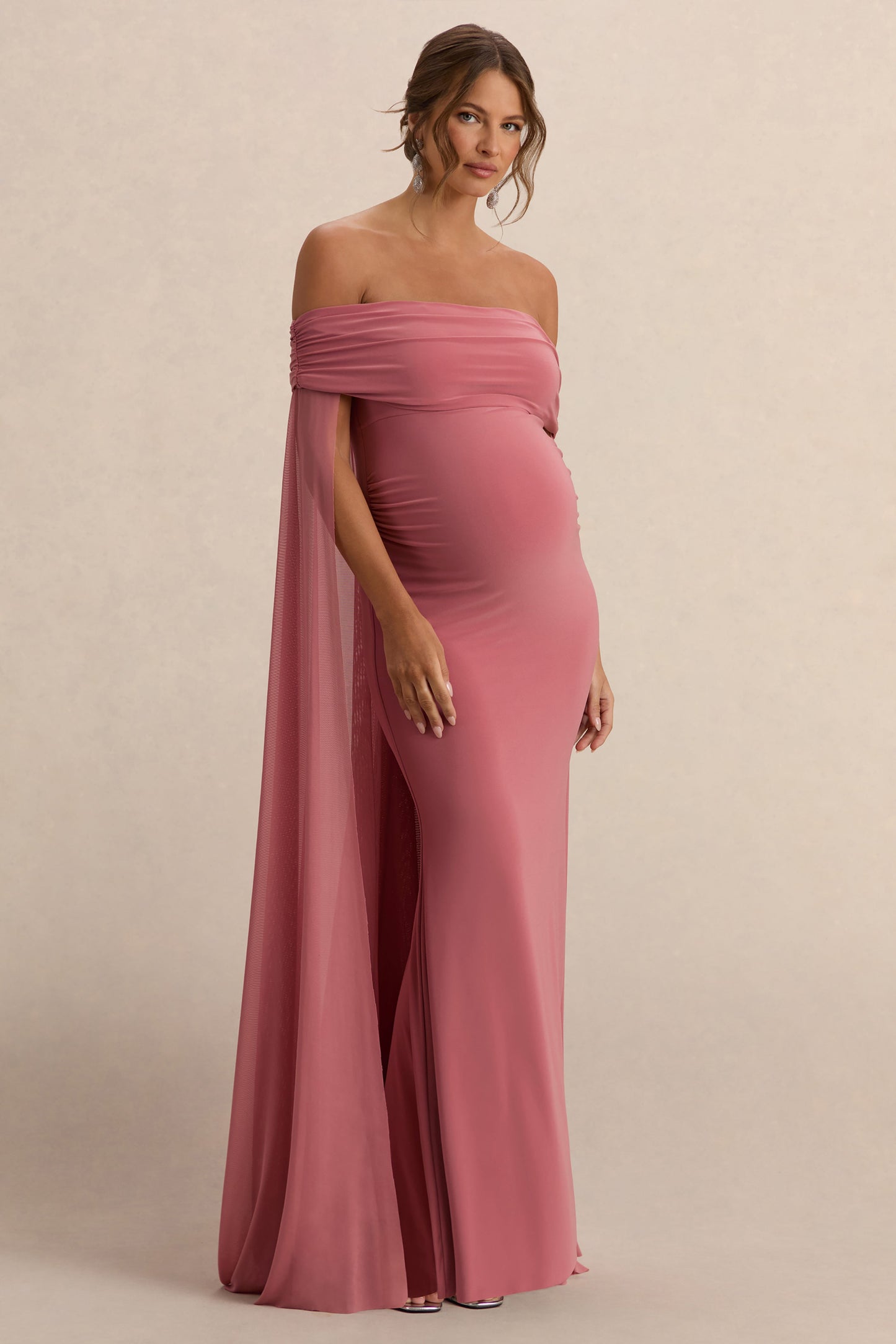Carlotta | Blush Pink Bardot Maternity Maxi Dress With Chiffon Cape