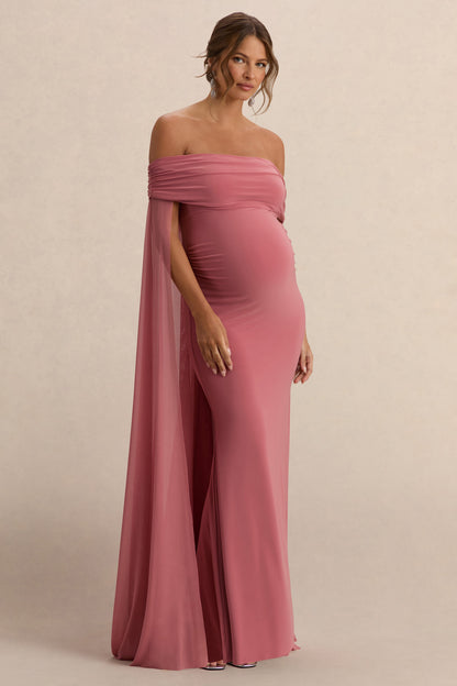 Carlotta | Blush Pink Bardot Maternity Maxi Dress With Chiffon Cape