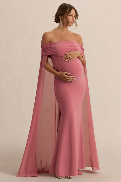 Carlotta | Blush Pink Bardot Maternity Maxi Dress With Chiffon Cape