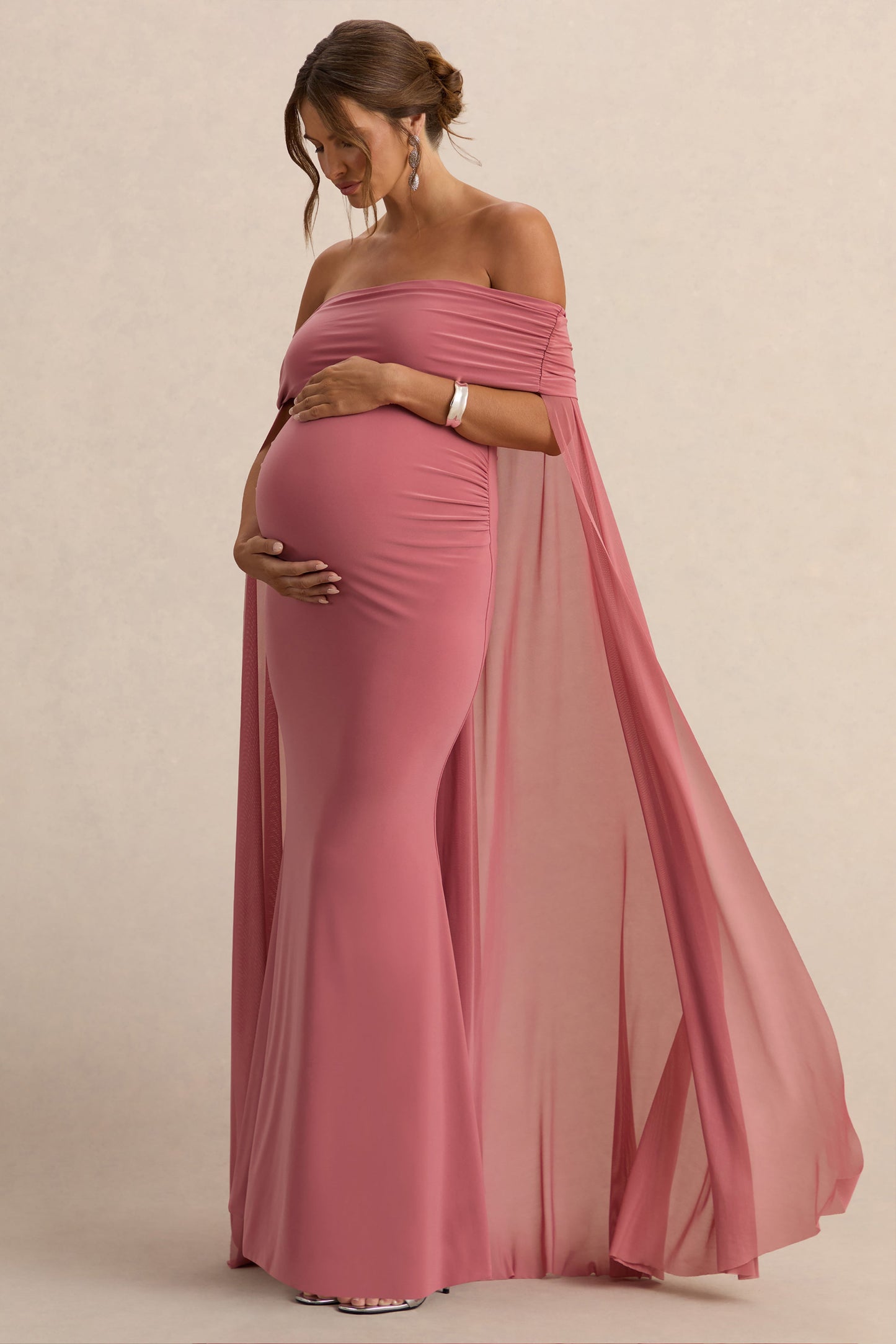 Carlotta | Blush Pink Bardot Maternity Maxi Dress With Chiffon Cape