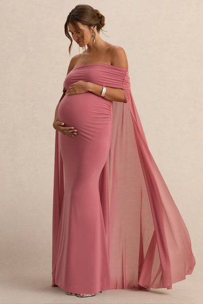 Carlotta | Blush Pink Bardot Maternity Maxi Dress With Chiffon Cape