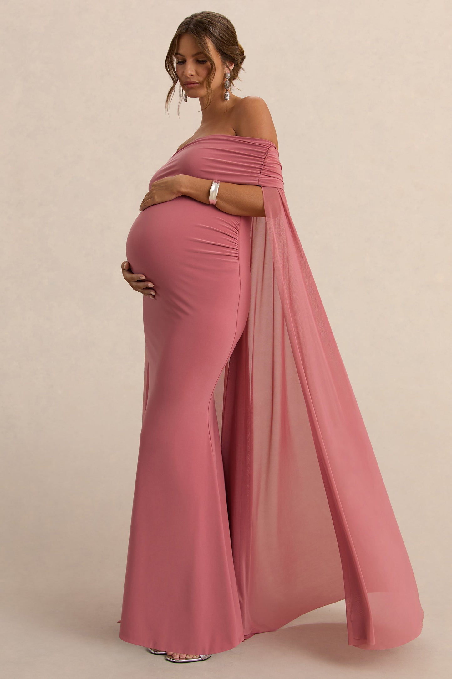 Carlotta | Blush Pink Bardot Maternity Maxi Dress With Chiffon Cape