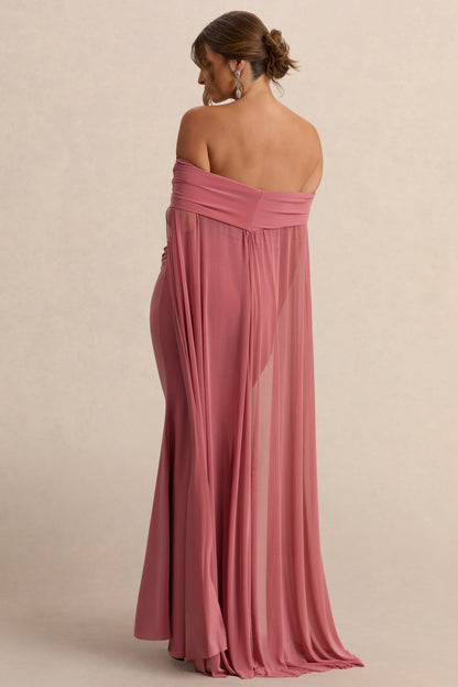 Carlotta | Blush Pink Bardot Maternity Maxi Dress With Chiffon Cape