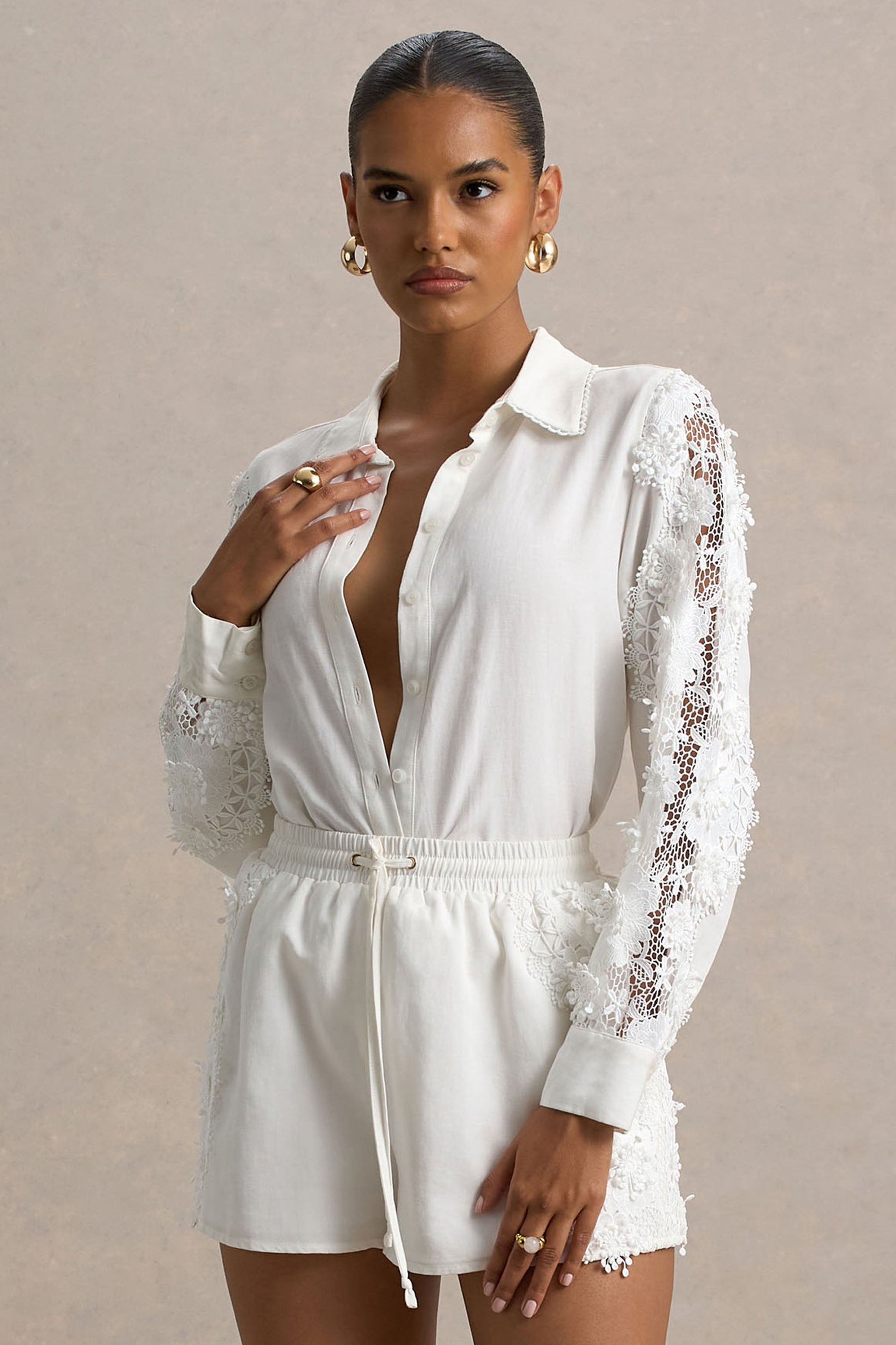 Coconut | Ecru Button-Up Shirt With Lace Detail