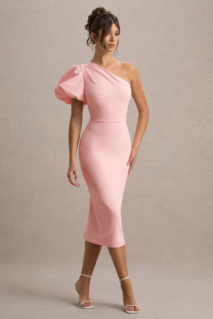 Aimee | Pink Asymmetric Puff-Sleeve Midi Dress