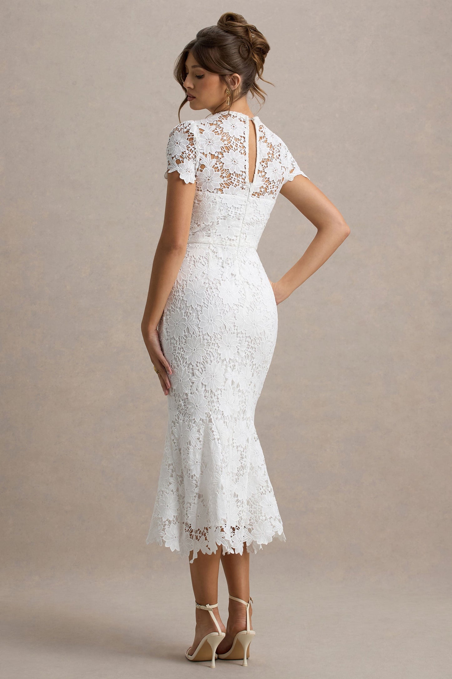 Clarissa | White Lace Crew-Neck Short-Sleeve Midi Dress