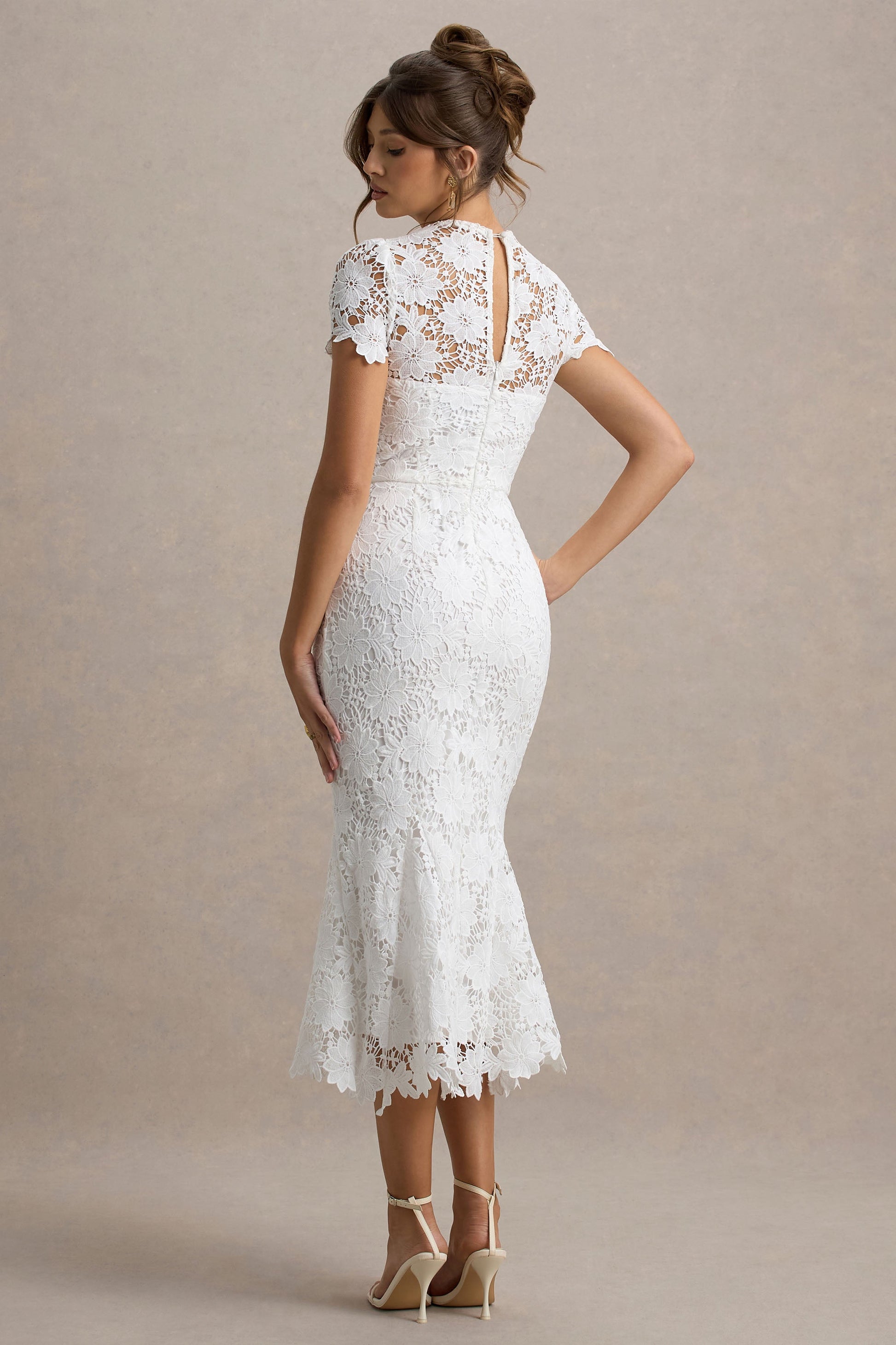 Clarissa | White Lace Crew-Neck Short-Sleeve Midi Dress