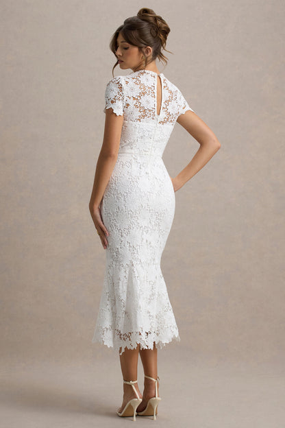 Clarissa | White Lace Crew-Neck Short-Sleeve Midi Dress