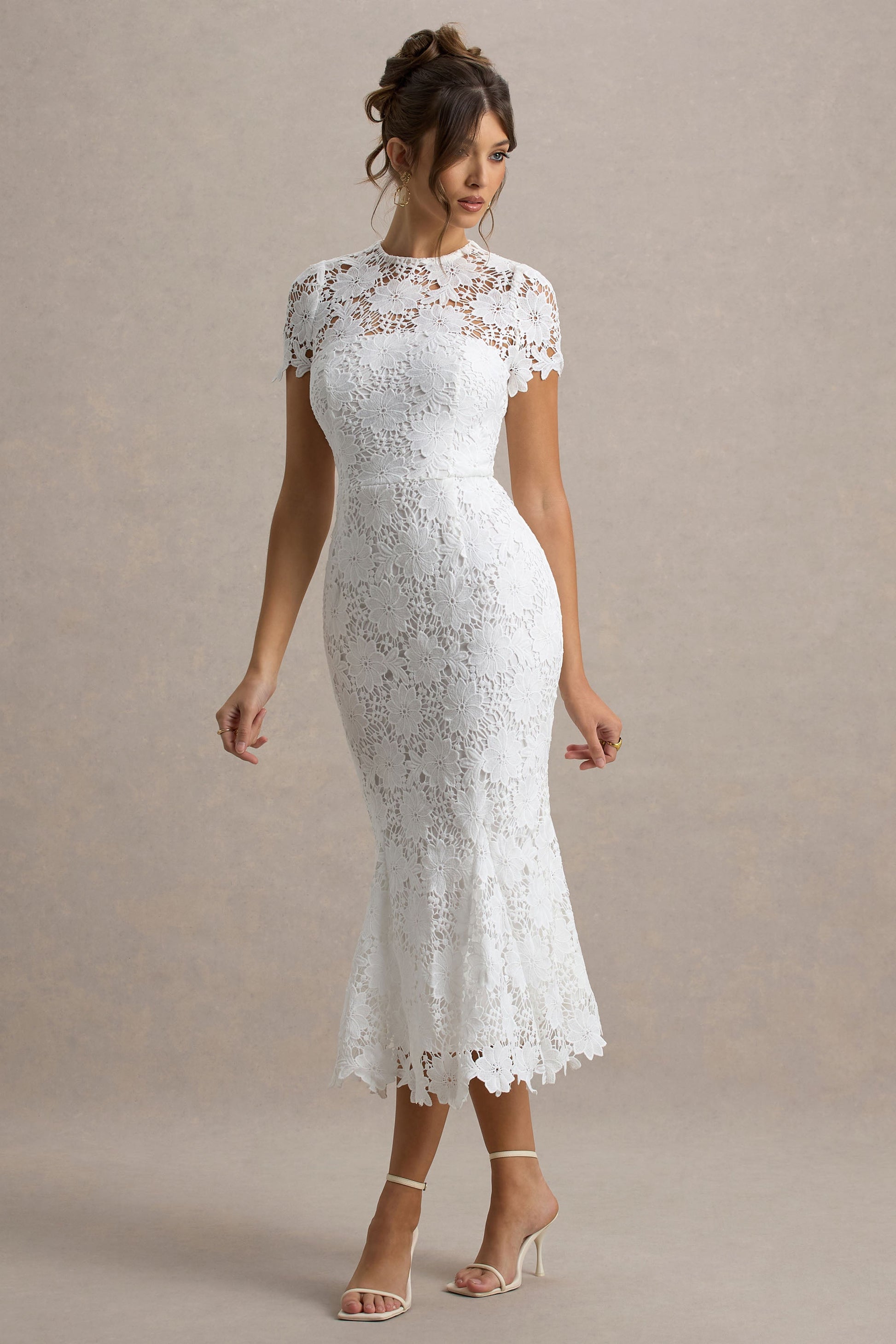 Clarissa | White Lace Crew-Neck Short-Sleeve Midi Dress