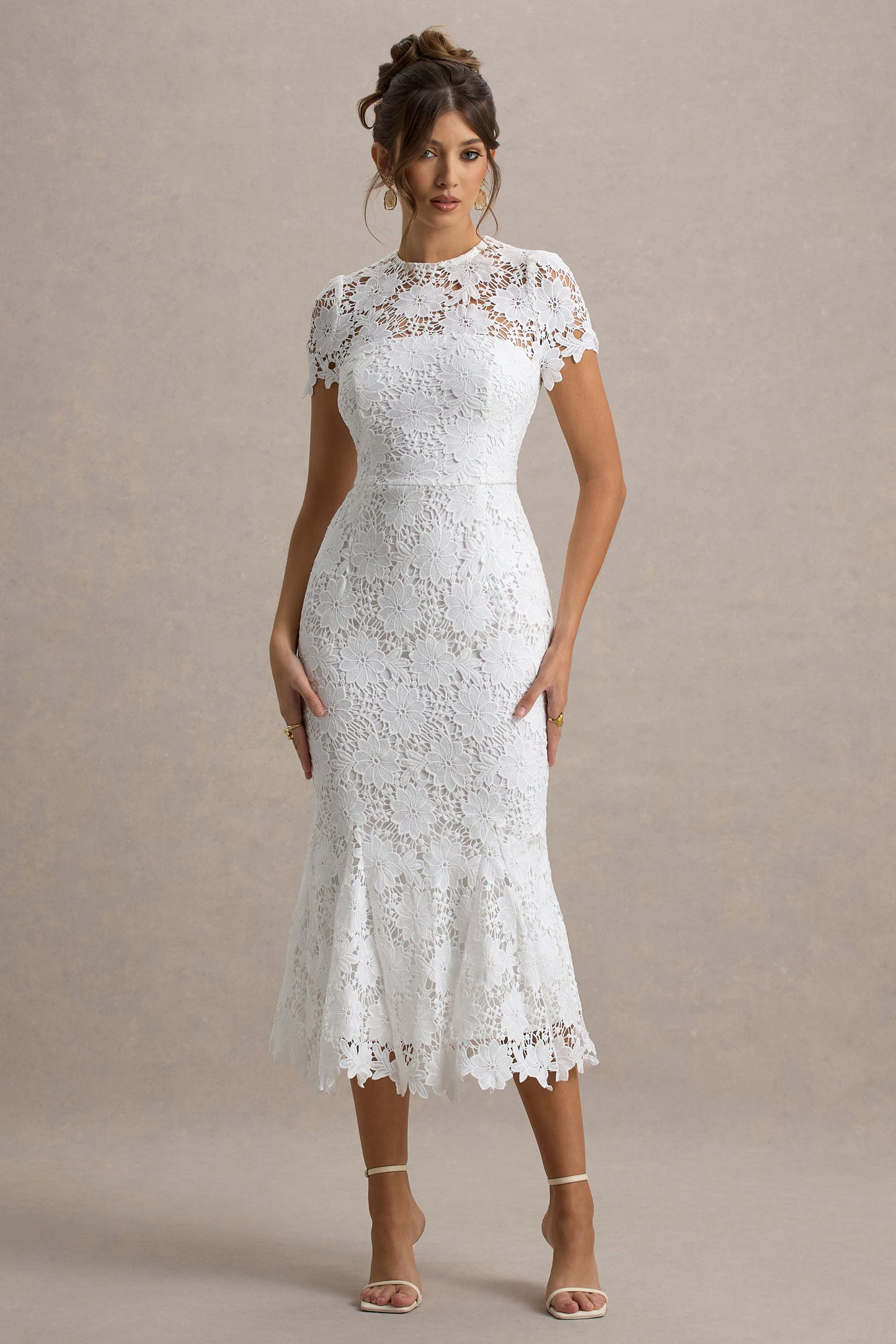 Clarissa | White Lace Crew-Neck Short-Sleeve Midi Dress