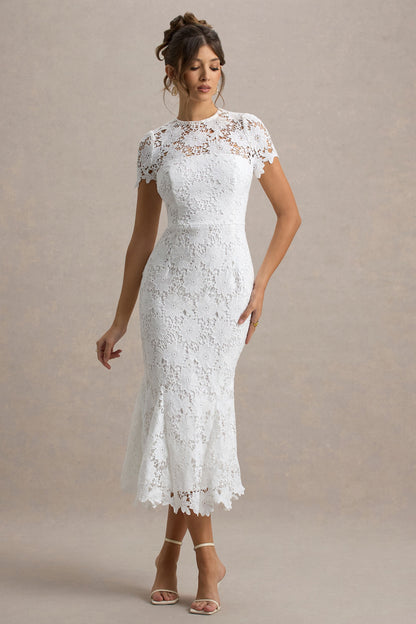 Clarissa | White Lace Crew-Neck Short-Sleeve Midi Dress