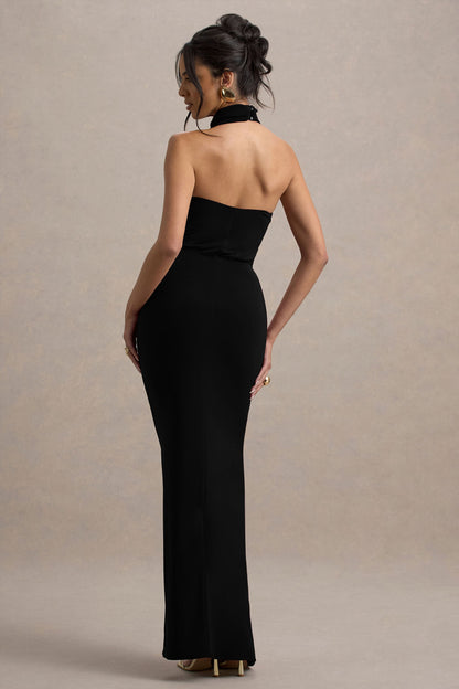 Hayden | Black High-Neck Draped Split Maxi Dress